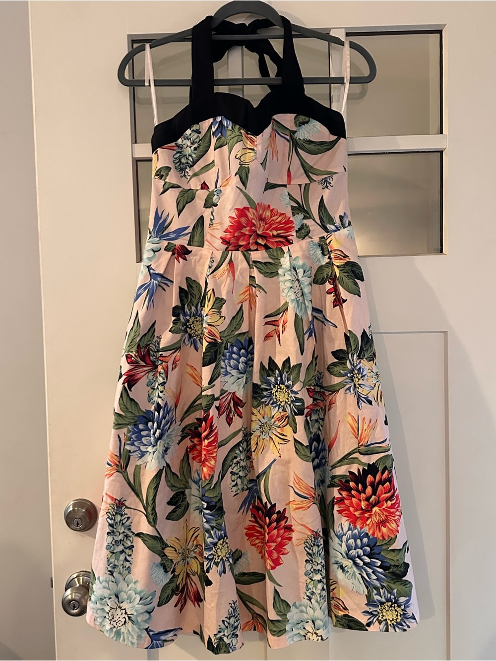 Lindy Bop women's Floral Halter Dress Blush Pink with Black Trim tie